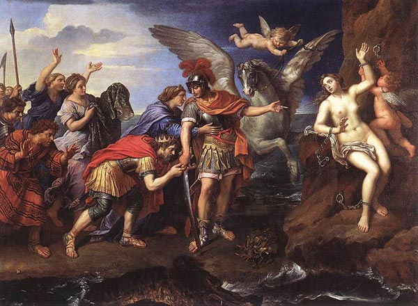 The king of Ethiopia Cepheus and the Cassiopeia queen thank Perseus for freeing their daughter Andromeda